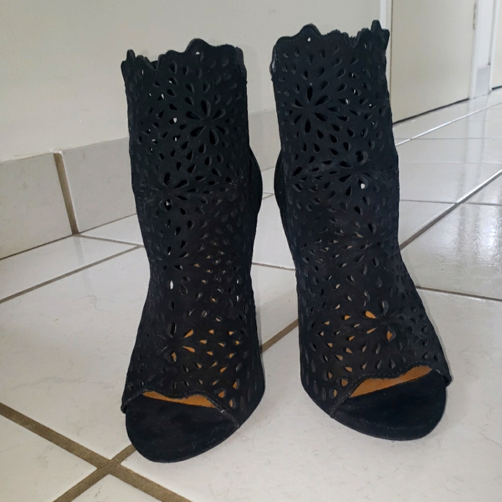 Black Suede Lace Peep Toe High Heel Booties